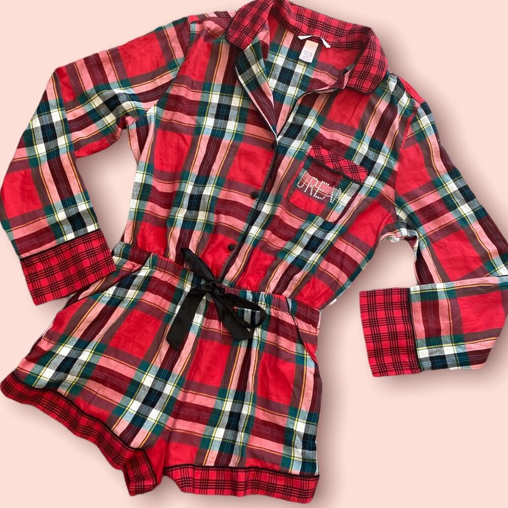 NWOT Victoria's Secret Flannel Tie Romper Pajama Loungewear Size Medium